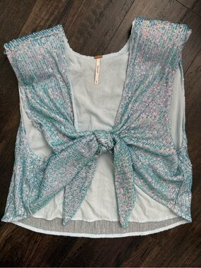 Free People Sequin Tie Front Crop Top Blue Mermaid Festival XS Boho Party